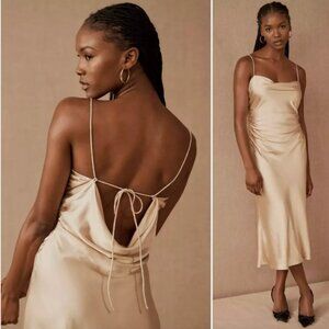 Sachin + Babi Champagne Satin Cowl Neck Midi Dress